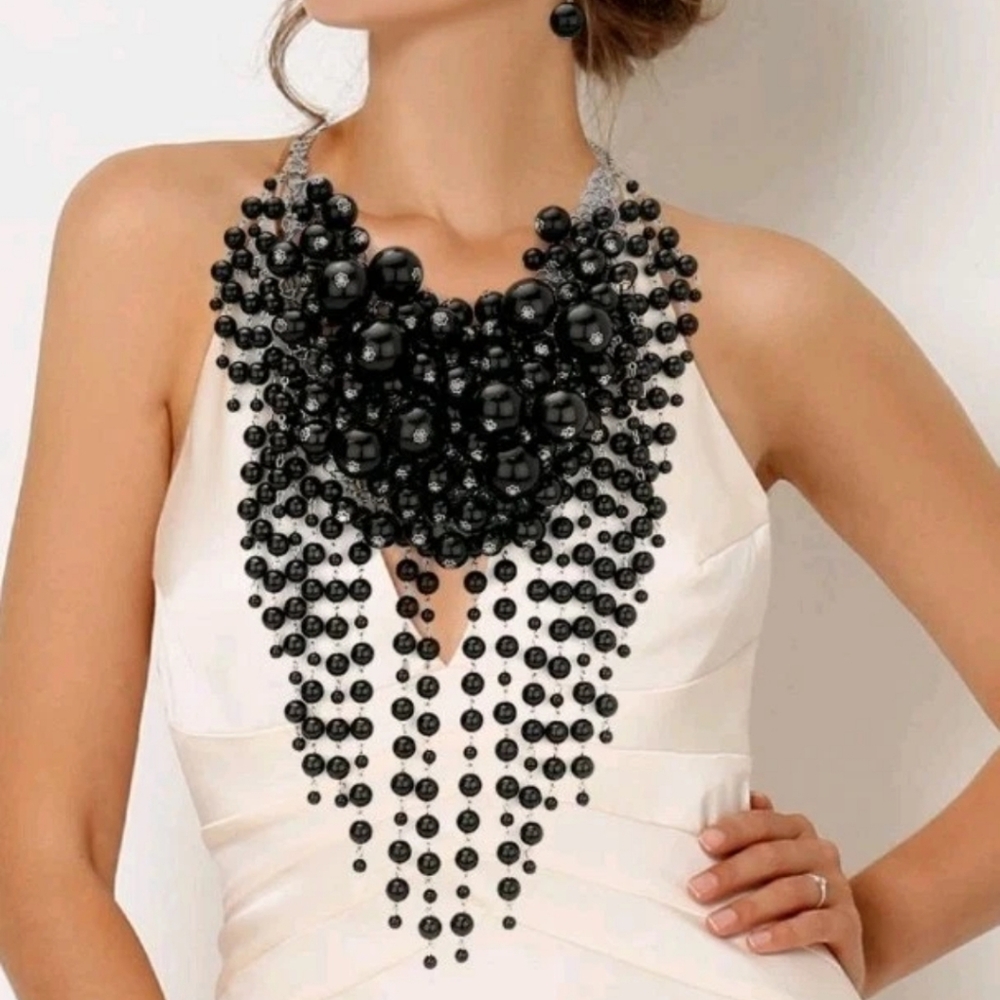 Faux Pearl Black Multilayer Cluster Chunky Bib Fashion Necklace and Earring Set